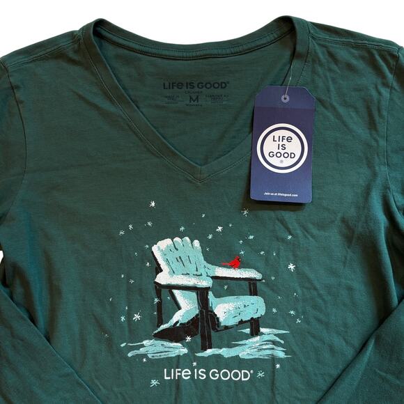 Life is Good Crusher T Shirt Womens Medium Green V Neck Long Sleeve Adirondack - Picture 3 of 8